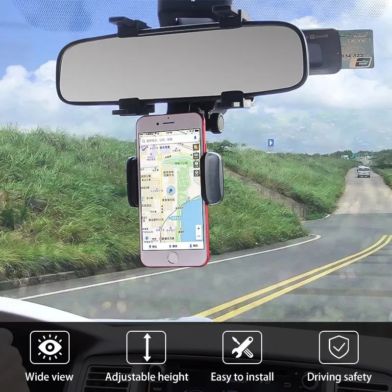 

Car Phone Holder Rearview Mirror Phone Holder Mount Bracket 360° Rotation Watch Navigation For 4-7inch Smartphone Sponge Clip