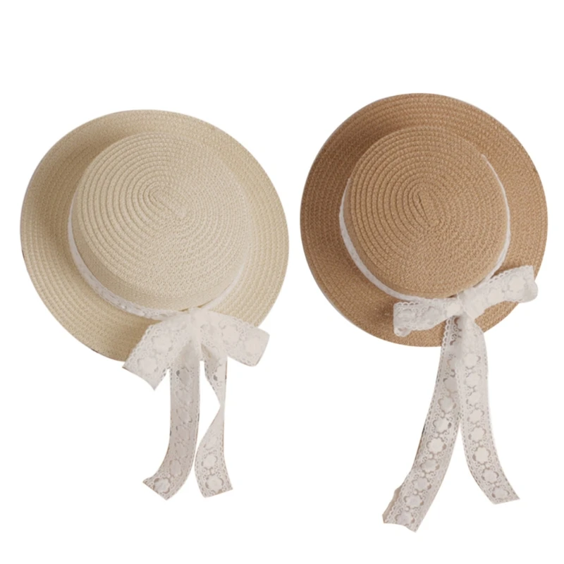 

Летняя Плетеная соломенная шляпа от солнца с кружевной лентой и бантом для малышей, пляжная шляпа с широкими полями и ремешком для подбородка