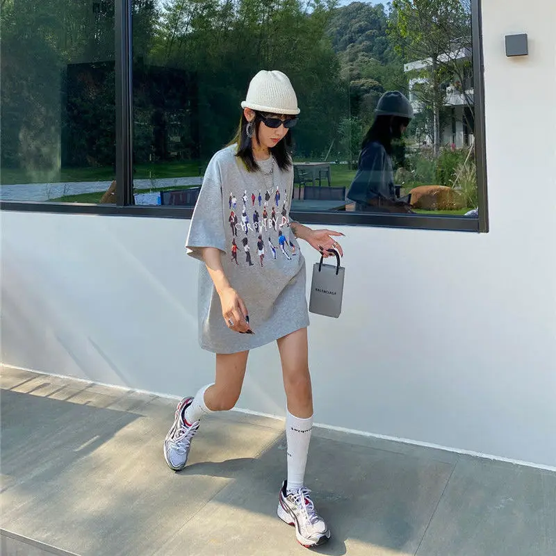 

Ins American Vintage Cotton Gray Graphic T Shirts Hip Hop Fashion Streetwear Oversized Short Sleeve Tops Summer New Korean Women
