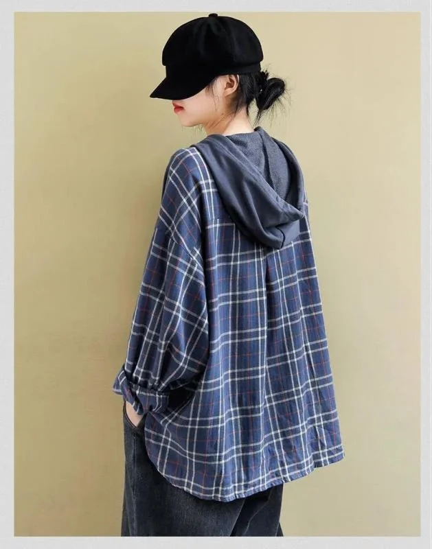 Новинка весна-осень свободная художественная прошивка в клетку с капюшоном для