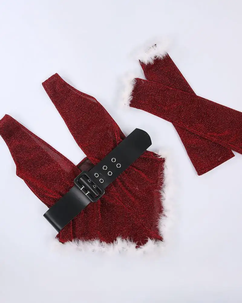 2020 New Christmas Bodysuit Women Sexy Deep-V Neck Rompers Hat Sleeve Bodysuit 4 Piece Set Santa Suit Christmas Party Body Suit
