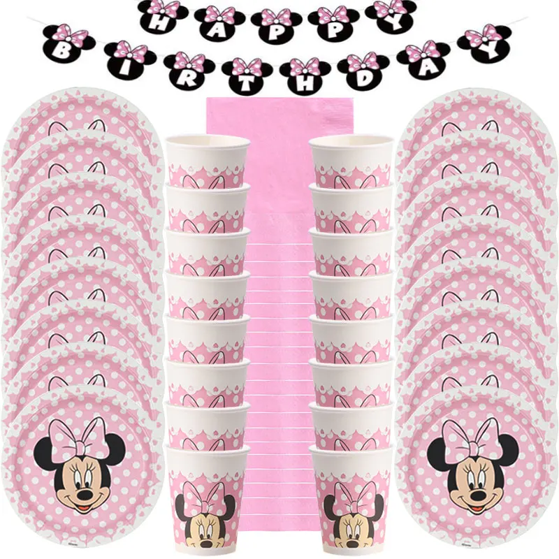 53pcs/Disney Minnie Mouse Theme Cups Plates Napkins Banners Party Supplies Kids Girls Baby Shower Birthday Party Decorations Set