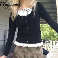 rapcopter y2k frill crop top bow full sleeve t shirt kawaii black button pullovers autumn retro harajuku chic tee women sweet