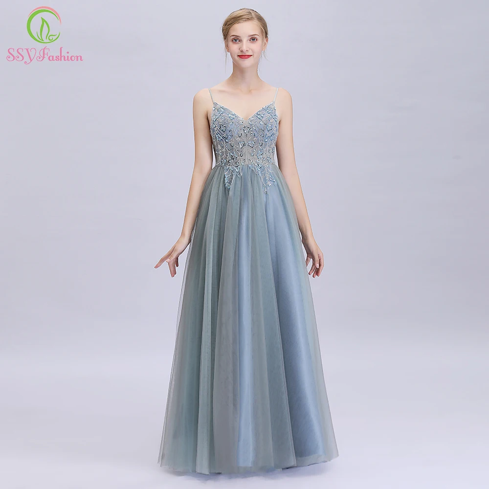 SSYFashion, новинка, сексуальное вечернее платье с v-образным вырезом, серое, зеленое, с блестками, с бисером, без спинки, в пол, вечерние платья, Robe De Soiree