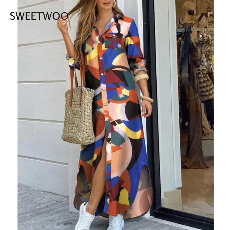 

2021 New European and American Spring and Summer Fashion Printing Tie-dye Sexy Shirt Long Skirt Plus Size Dress 11 Colors 8 Yard