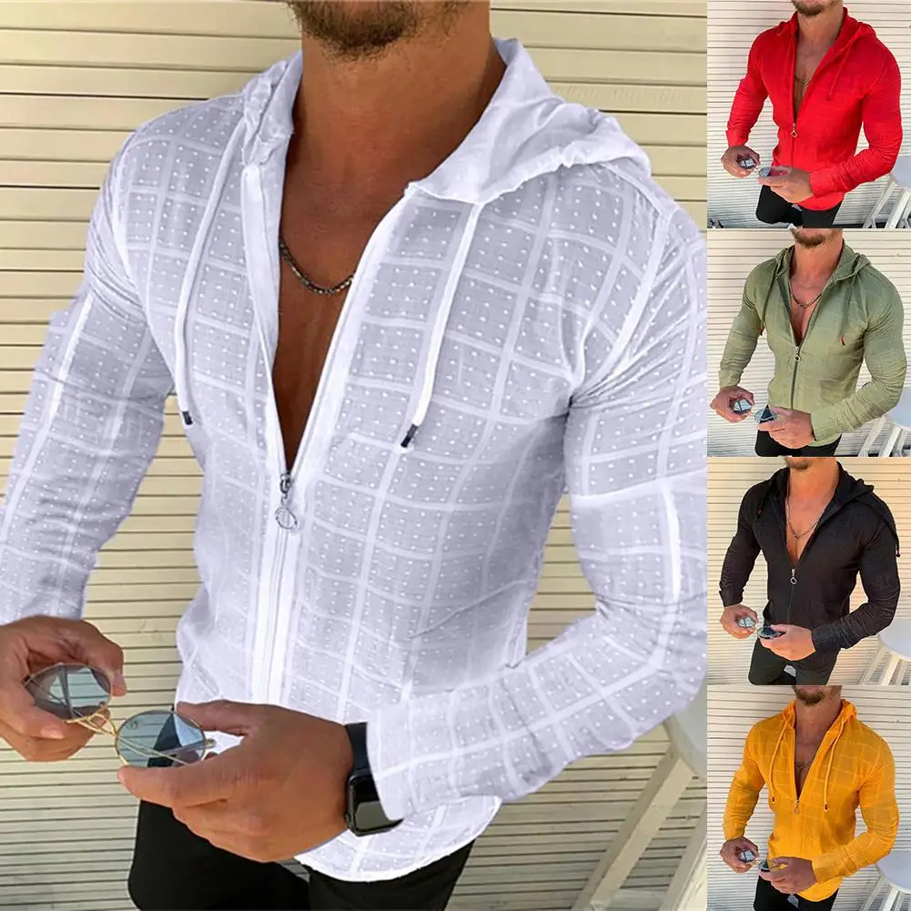 

Men Autumn Winter Long Sleeve Hoodie Zip Drawstring Check Gird Slim Coat Jacket Casual Sweatshirt
