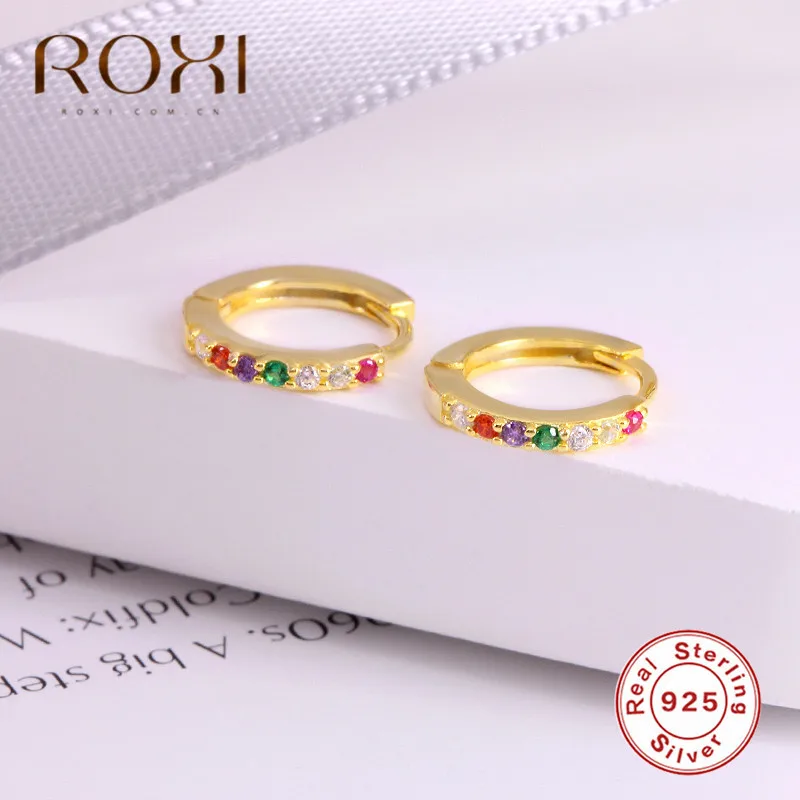 ROXI 100% 925 стерлингового серебра Мини Круглые серьги Радуга CZ гвоздики для женщин