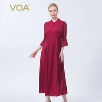 voa silk jacquard sunset red stand up collar single row buckle horn sleeve wedding anniversary gift elegant shirt dress ae1017