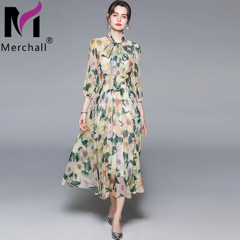 

Merchall 2021 Summer Holiday Elegant Yellow Flower Print Long Chiffon Dress Women Bow Collar Lantern Sleeve Pleatd Dress M78657