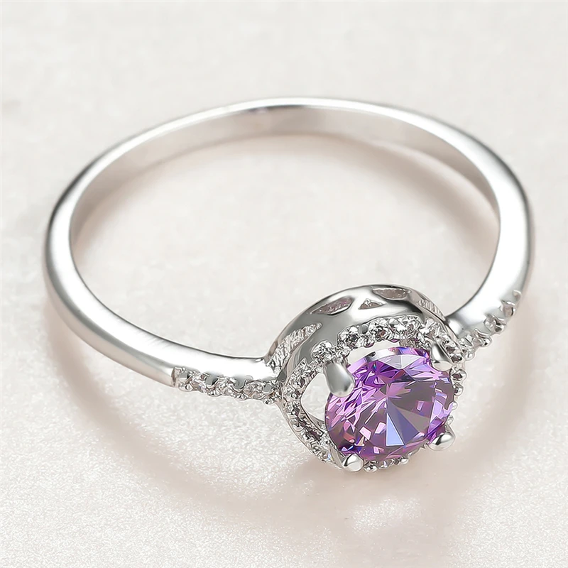 

Trendy Female Purple Crystal Stone Ring Charm Silver Color Thin Wedding Rings For Women Cute Bride Round Zircon Engagement Ring