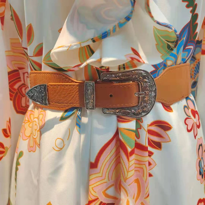 

Women Vintage Maxi Dress Summer Floral Print Ruffles High Waist Sashes Tunic Long Dress