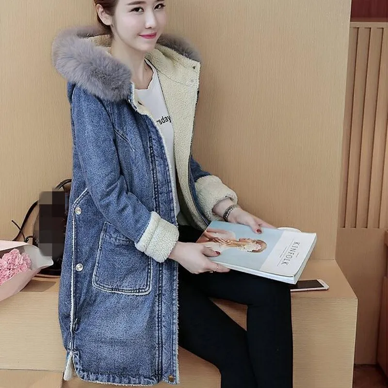 Casual Streetwear Women Big Fur Collar Denim Hooded Coats Winter Thick Warm Lambswool Liner Female Medium Length Plus Size | Женская