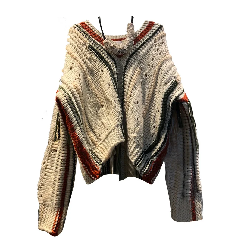 Neploe, корейский дизайн, v-образный вырез, пэчворк, толстый, Pull Femme, Elagant, вязаный свитер с кисточками, женский осенне-зимний пуловер, 46473