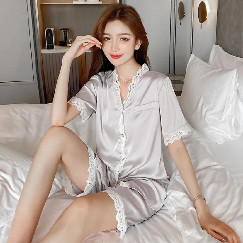 

Female Rayon Sexy Pajamas Suit 2PCS Shirt&Shorts Nightwear Pijamas Set Sleepwear Lingerie Homewear Nightgown Pocket Home Clothes