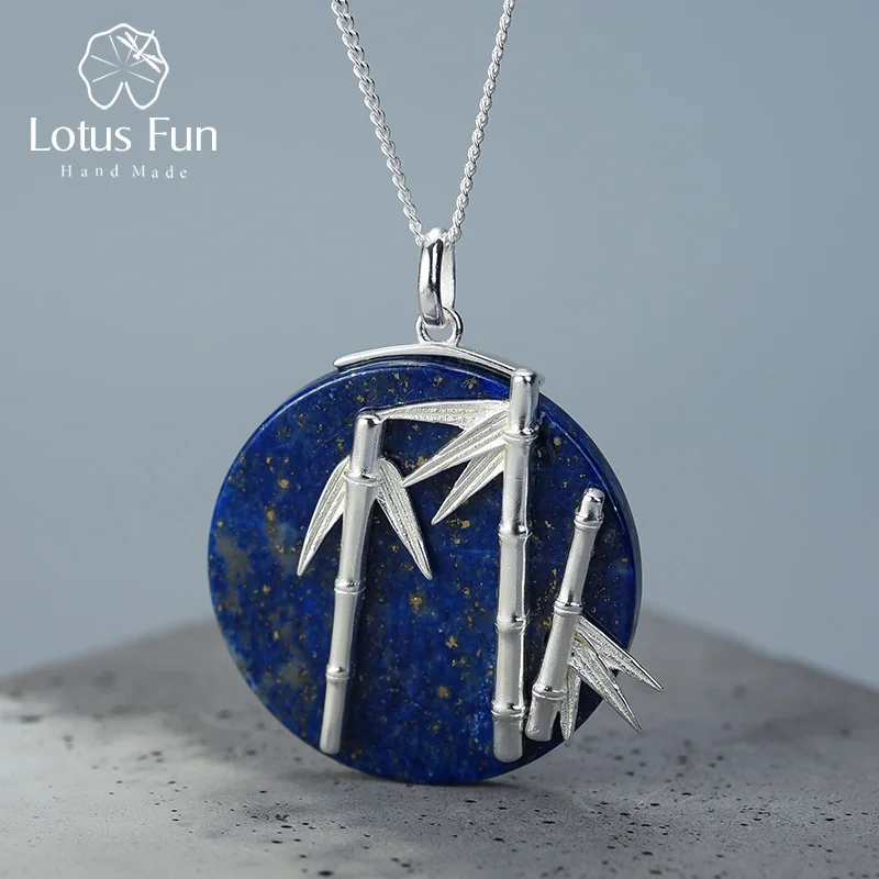 Lotus Fun Настоящее серебро 925 проба Натуральный креативный ручной работы дизайнерские ювелирные изделия Уникальный свежий бамбуковый кулон без ожерелья - Цвет камня: Style 2 - Lapis