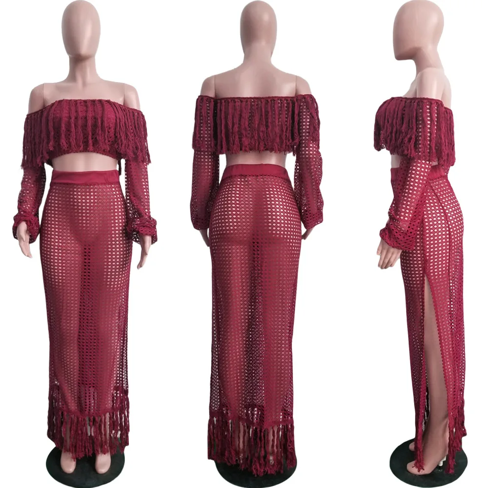 

2020 summer sexy casual hollow out long sleeve plus size two piece sets top and skirts S-3XL