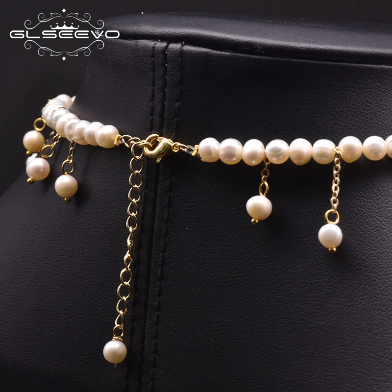 

GLSEEVO Original Designer Handmade Beaded Tassel Choker Necklace For Women Natural Fresh Water Real Pearl Luxury Jewelry GN0227