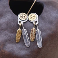 vintage silver color flying eagle feather stud earrings for men women gold feather leaf pendant earrings retro jewelry