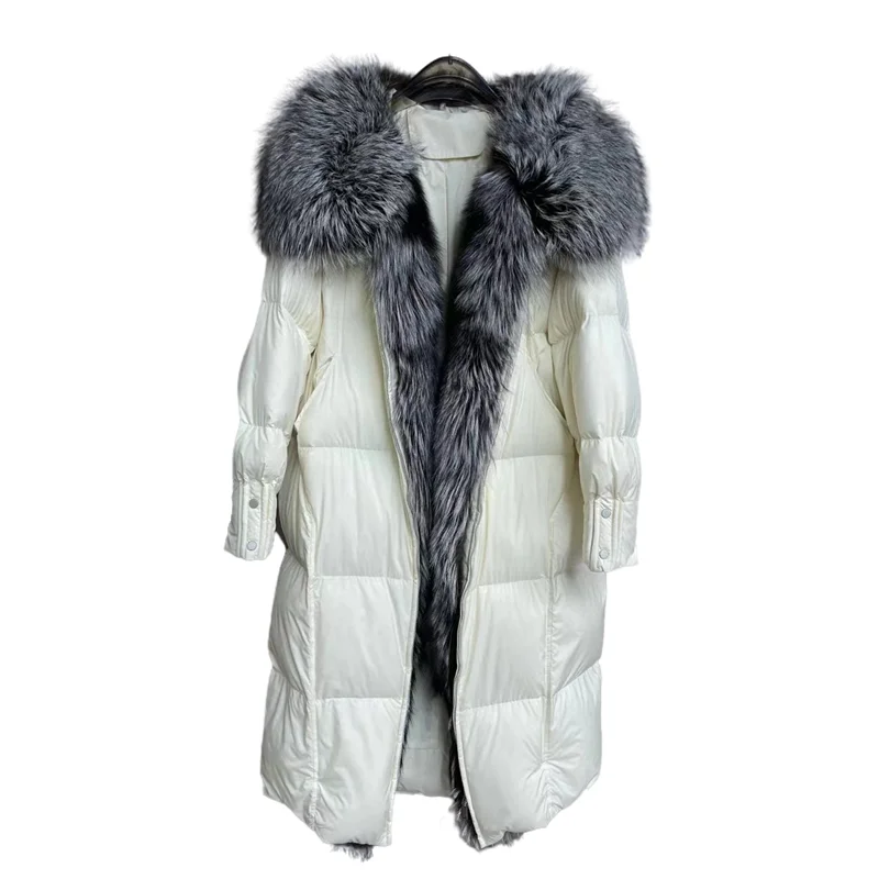 High-end Winter Thick White Duck Down Jacket Long Coat Women Real Large Silver Fox Fur Collar Warm Outwear