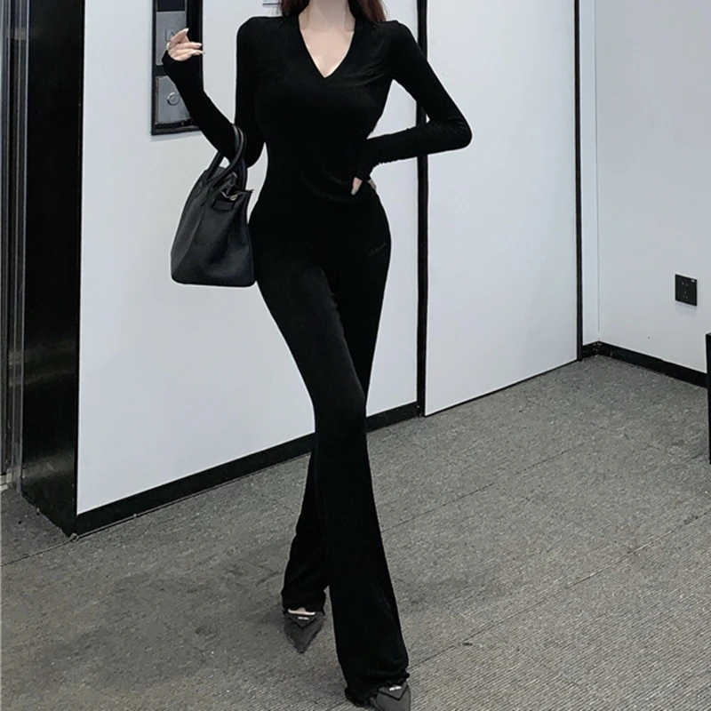

Autumn Korean Fashion Casual Two Piece Set Women Skinny V-Neck Tops & Flare Pants Suits Female Slim Outfits