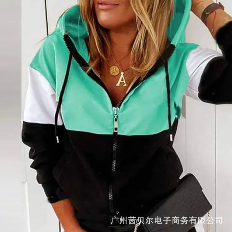 

WEPBEL Women Stitching Sports Two-Piece Suit Autumn Long-Sleeved Zip Pocket Hooded Sweatshirt + Elastic Waist Pencil Pants Suit