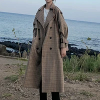 oversize loose women korean style trench coat ladies plaid long double breasted belted duster coat outerwear with storm flaps