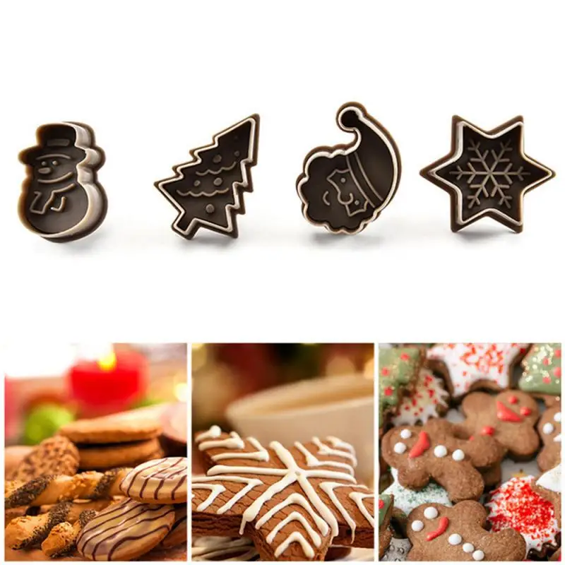 4Pcs/Set Christmas Cookie Stamp Biscuit Mold 3D Plunger Cutter DIY Pastry Baking Mould Fondant Cake Decorating Tools | Дом и сад