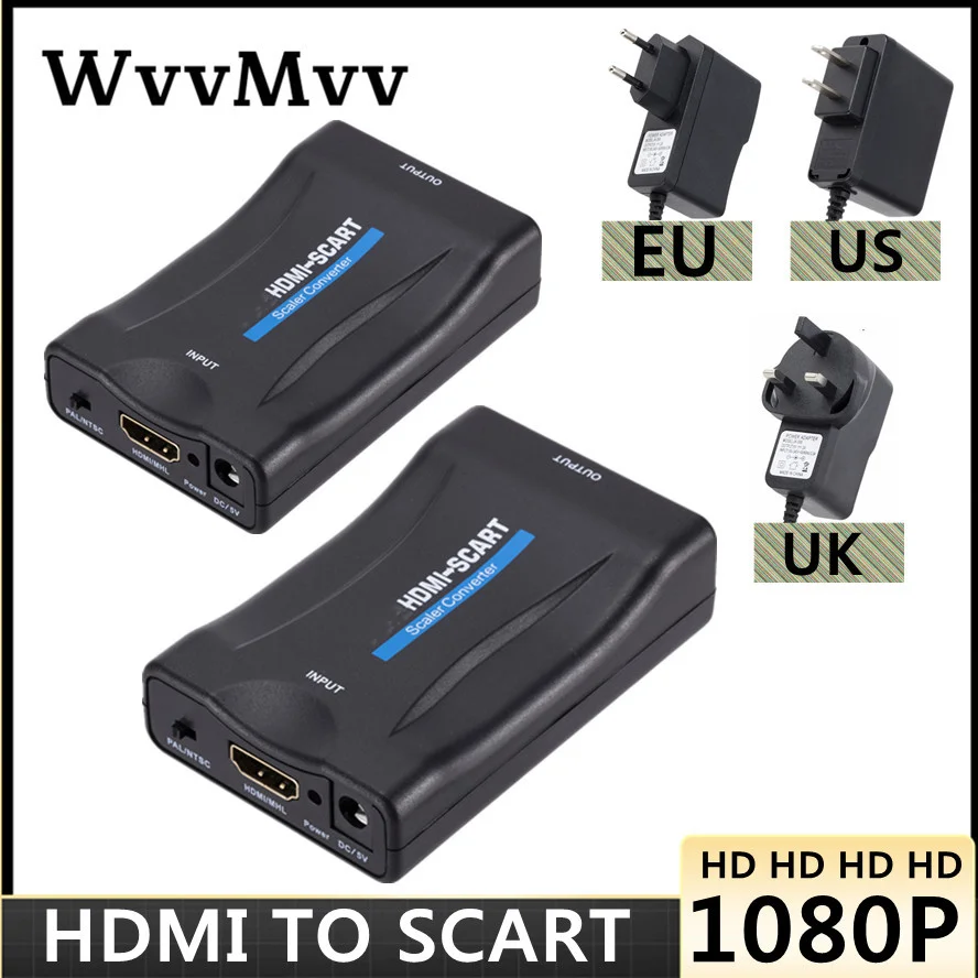 

WVVMVV 1080P HDMI-compatible to SCART Video Audio Upscale Converter AV Signal Adapter HD Receiver TV DVD with US/EU Power Plug