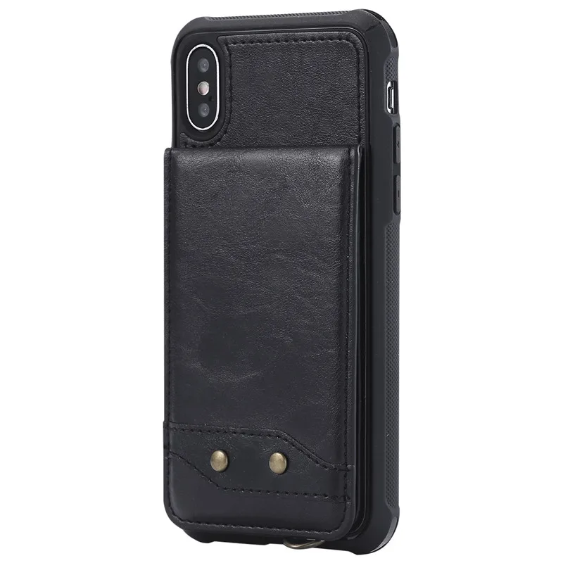 Fpr iPhone XR X XS MAX 6 6S 7 8 Plus Роскошный чехол для телефона из искусственной кожи ударопрочный кошелек чехол для карт с длинными короткими ремешками - Цвет: Black