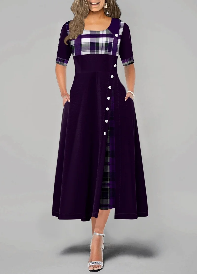 

2021 Summer Short-sleeved Dress Retro Check Button O-neck Dress Casual Slim Elegant A-line Irregular Ladies Fashion Dress New