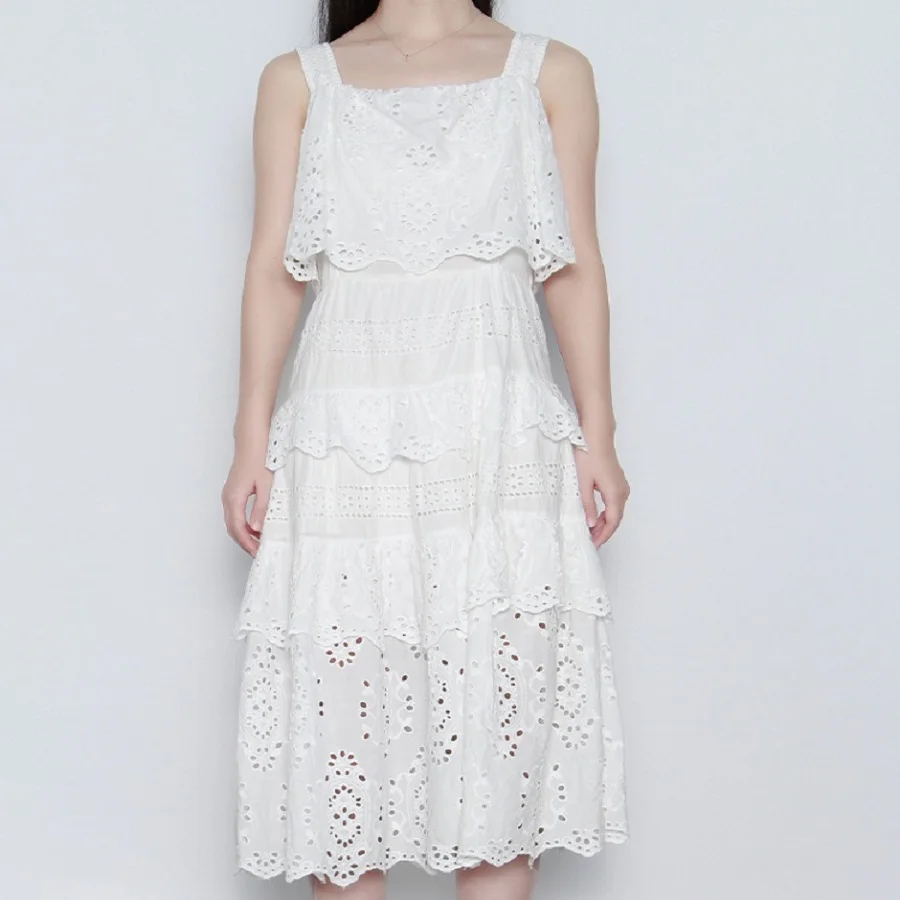 

cotton Big-name summer women's and linen embroidery hollow ruffled elegant dress 2021New women's fashion party pleated dress XL