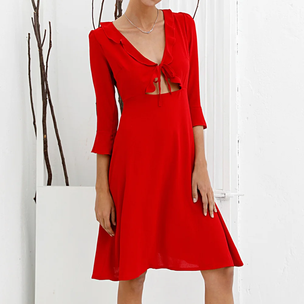 

Women Party Dress Summer 2020 New Sexy Hollow Out Ruffles V Neck Three Quarter Flared Sleeve Slim Fit A-Line Dress for Women Q30
