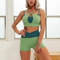 women shorts sets 2pcs sexy beauty back bra hips push up shorts workout running suits soft sports gym clothing candy color sets