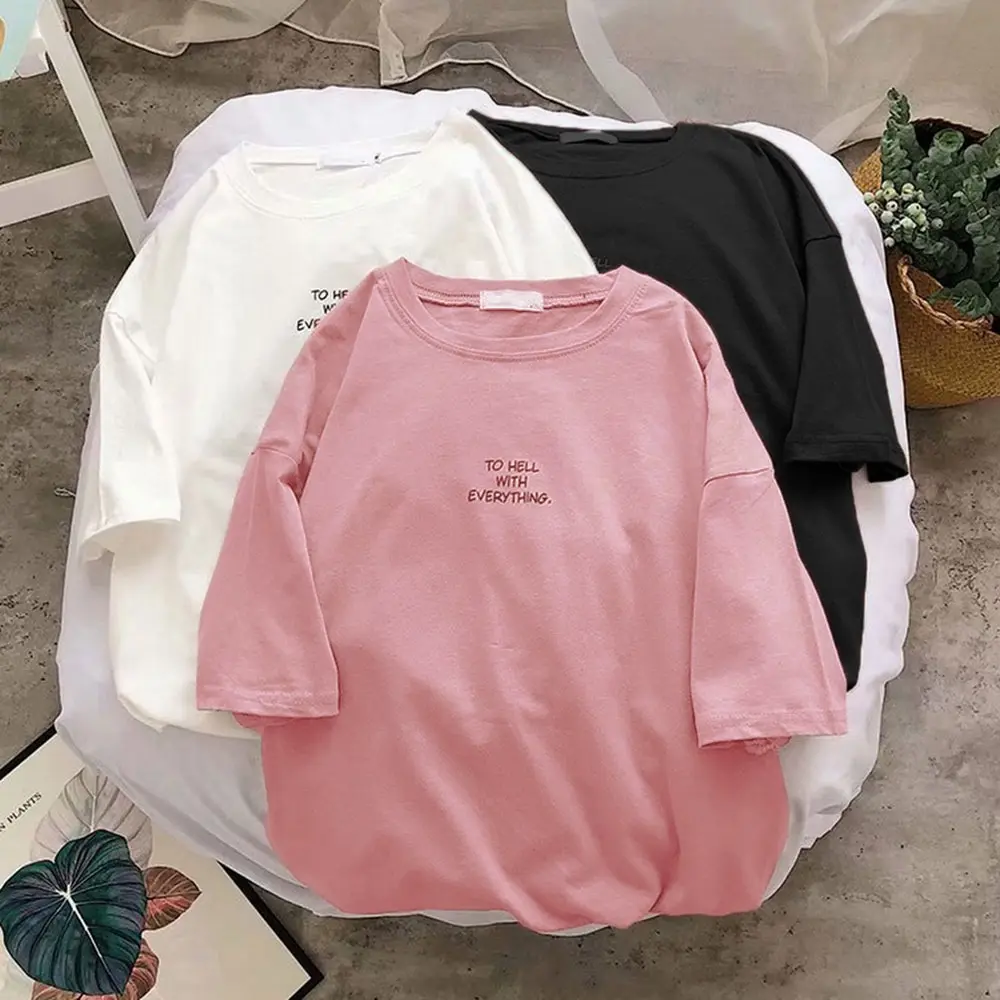 

Women Summer Short Sleeve Loose T-Shirt Funny Plus Size Fashion Casual Letter Printed Oversized Tunic Tops Harajuku Streetwear