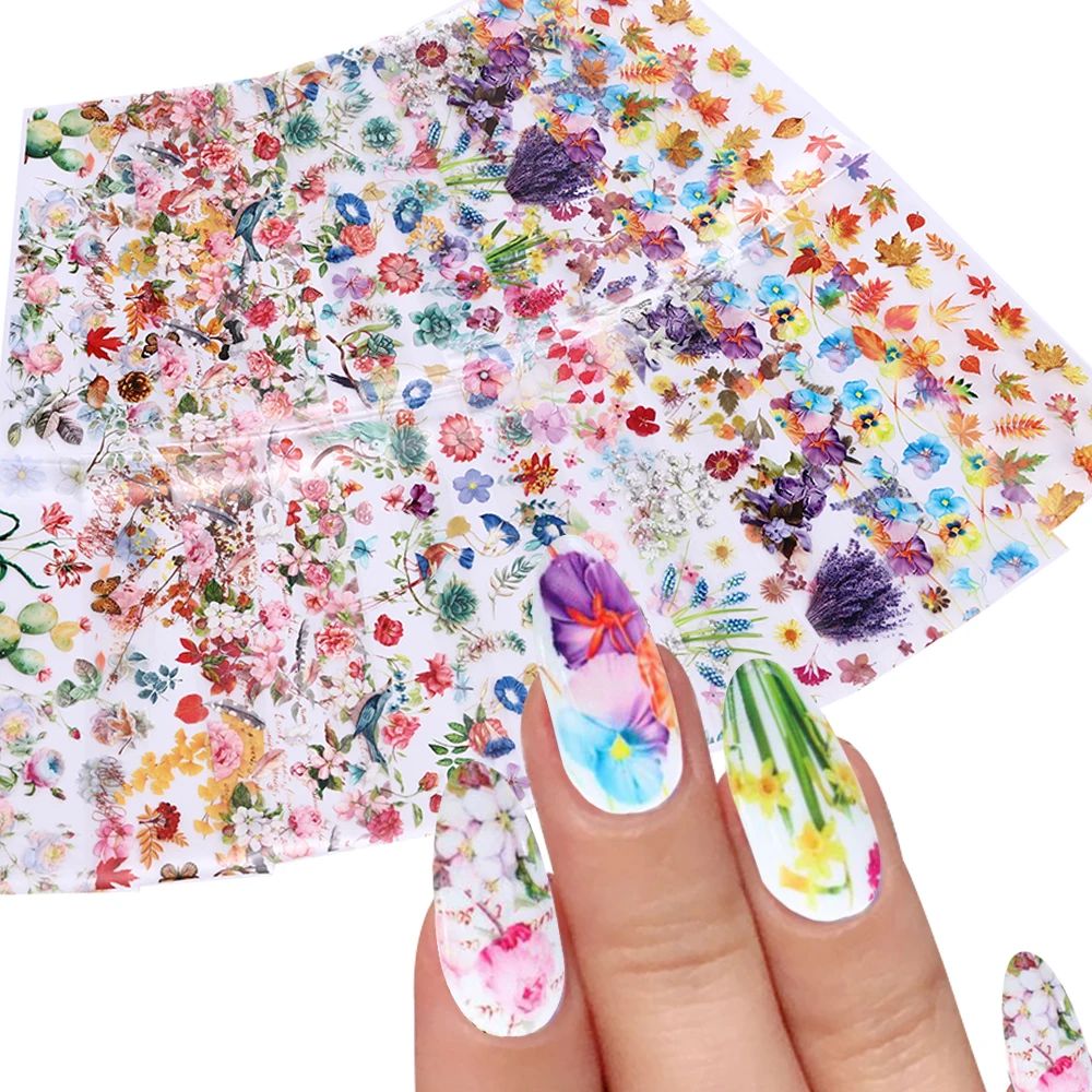 

10Pcs Autumn Romance Floral Lavender Flowers Mape Leaf Starry Nail Accessories Design Nail Foil Transfer Stickers DIY 4x20cm