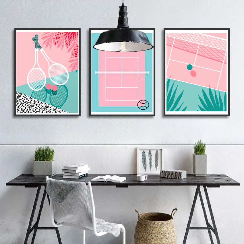 

Nordic Cartoon Tennis Court Racket Wall Art Poster Pink Blue Simple Canvas Painting Modern Home Decoration Living Room Club