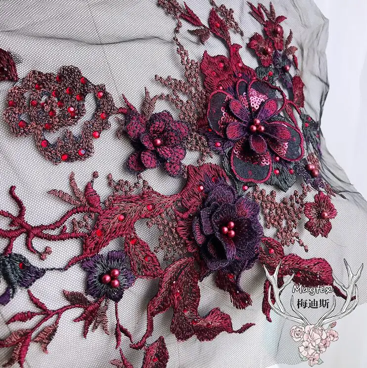 1 Piece Hot Sale Burgundy 3D Lace Flowers Applique Trim Sewing Craft 29*35CM Beautiful Polyester Bead Flower | Дом и сад