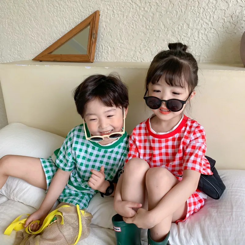 

Children's Suit 2021 Summer New Two-piece Men's and Women's Casual Plaid Short Sleeve Shorts Suit kids clothes fashion clothes