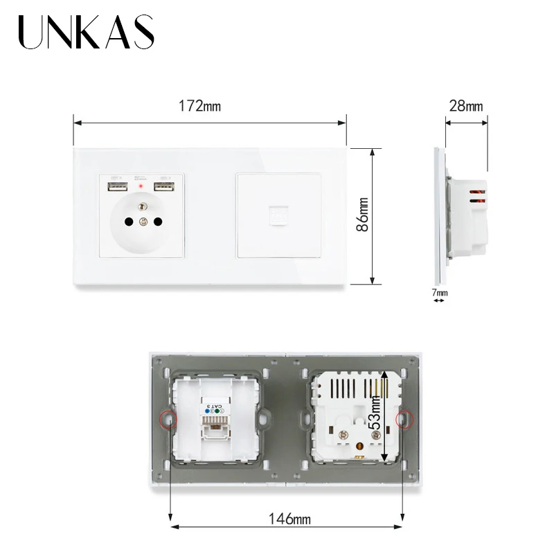 Французская стандартная электрическая розетка UNKAS с 2 USB портами для зарядки + 1