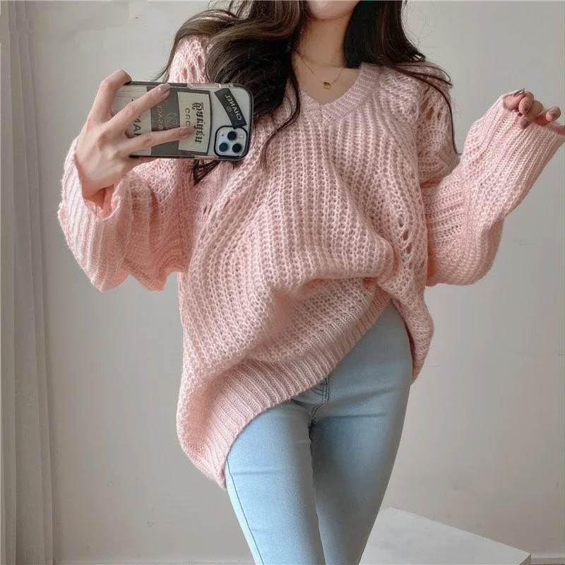 

2021 Autumn Winter Loose Hollow Out Pullover Basic Warm Sweater Women Korean Kniited V Neck Oversized Sweater Pull