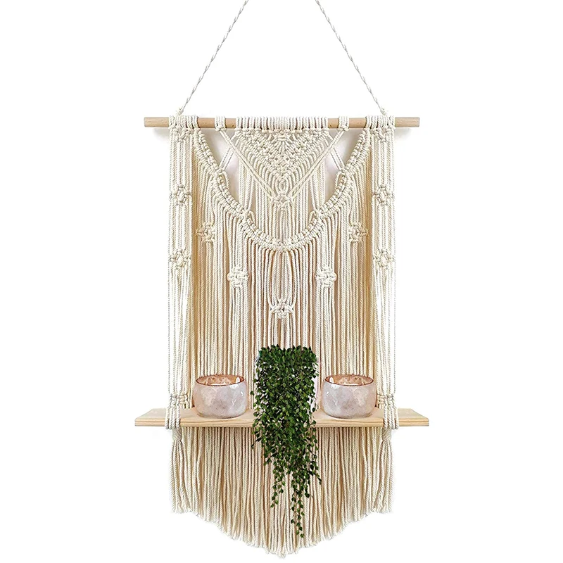 

Macrame Wall Mount With Floating Wooden Shelf Handmade Tassel Shelf For Hanging Plants And Decoration