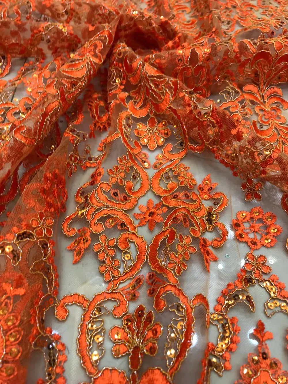 

Orange Mesh Cloth Lace Fabric Sequins Bone Cord Embroidery Sewing Design Dress Fashion Skirt Accessories 5 Yards Wholesale Bpodq