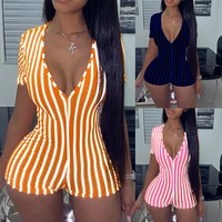 vertical striped short sleeve romper slim tight fitted playsuit for women streetwear sexy deep v neck vintage bodycon jumpsuit