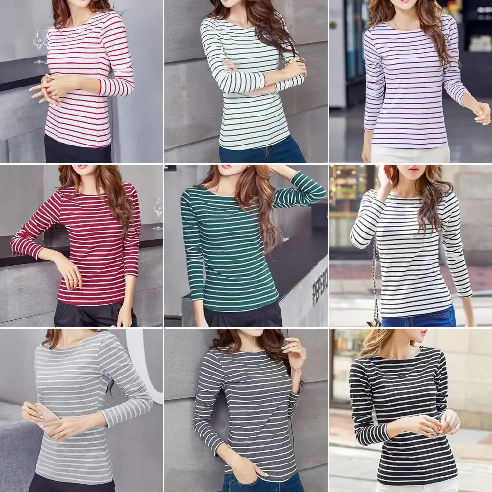 Женская Полосатая футболка с длинным рукавом круглым вырезом винтажные
