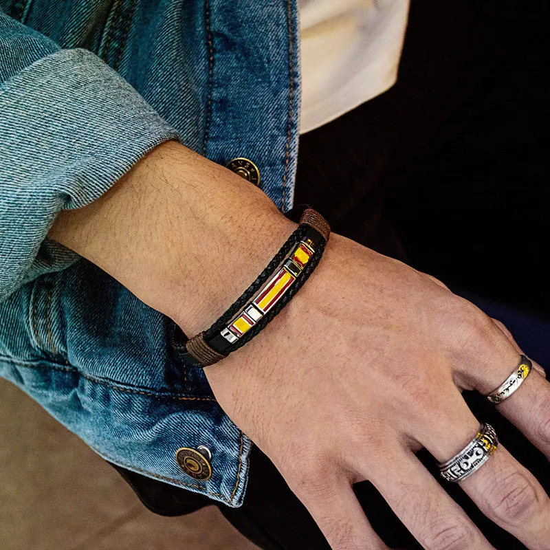 V.YA простой браслет из нержавеющей стали винтажный ручной тканый мужской кожаный