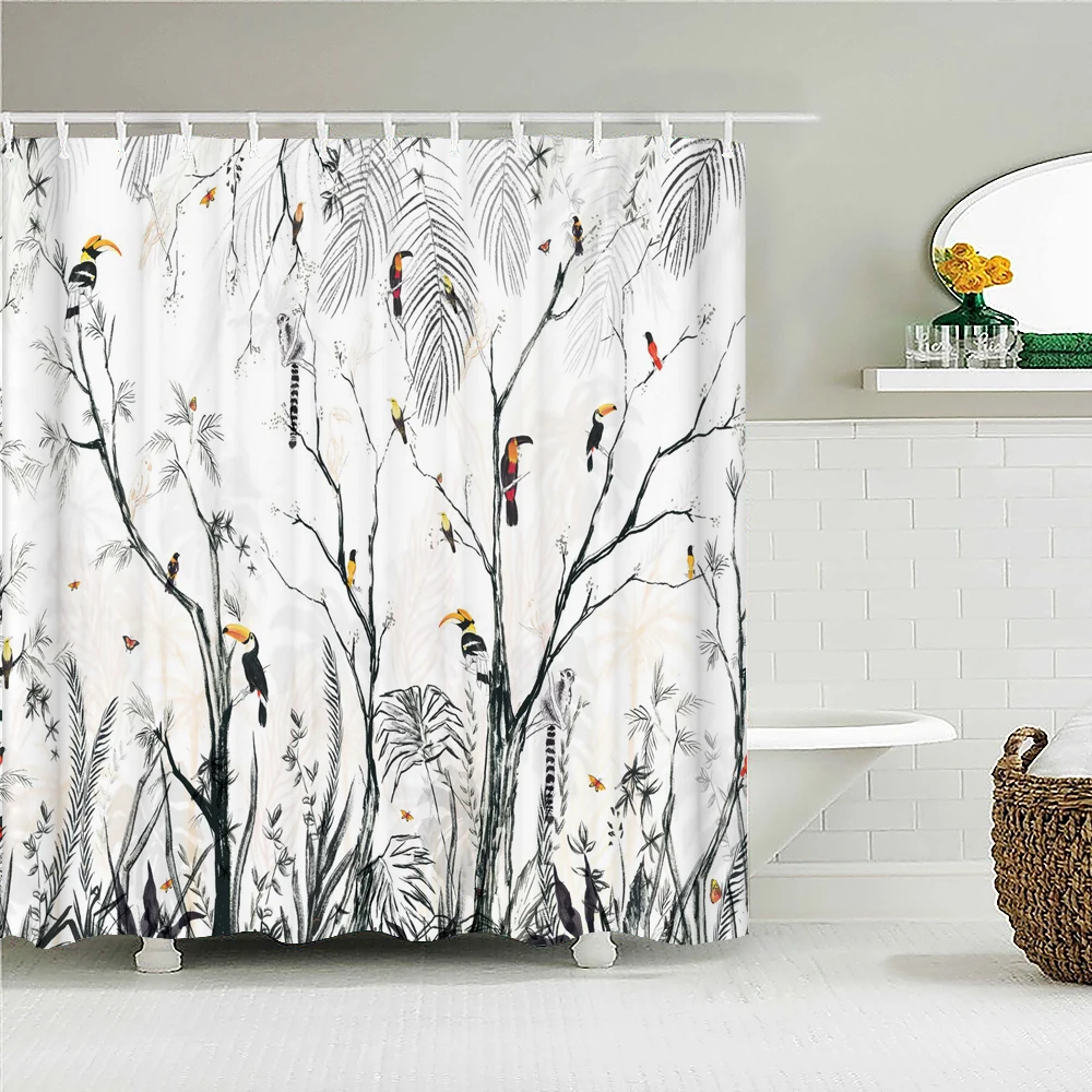 

Waterproof Bathroom Curtain Beautiful 3D Flowers Birds Shower Curtains Polyester Frabic 240x180cm Bathroom Screen with Hooks