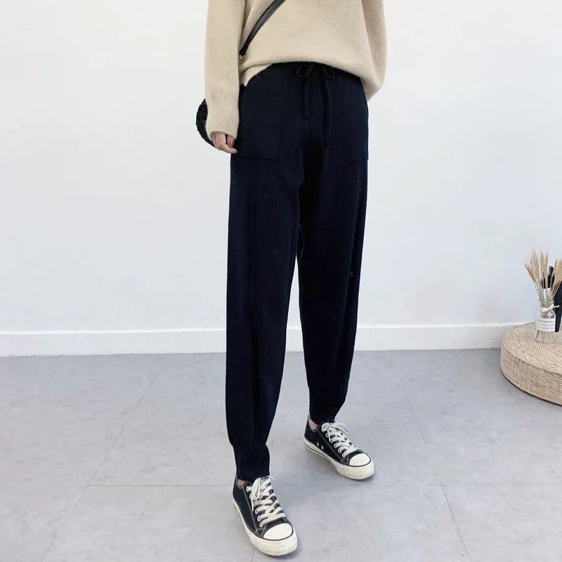 

Women Elastic Waist Drawstring Trousers Thick Knitted Harem Pants Autumn Winter Sport swear Women'S Pants New Bottoms