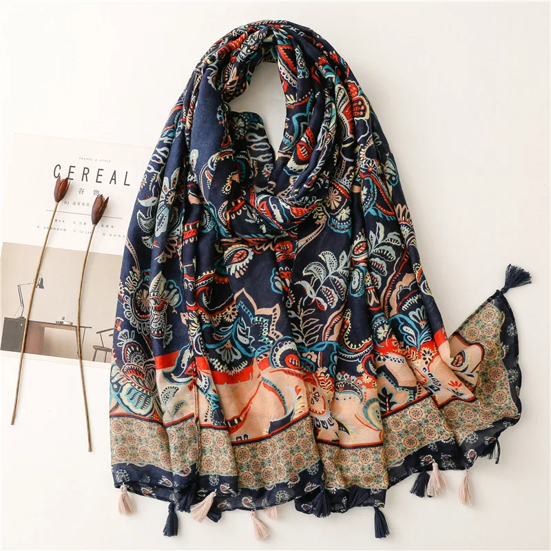 

Autumn Aztec Ethnic Lovely Floral Tassel Viscose Shawl Scarf Lady Print Soft High Quality Hijabs and Wraps Muslim Sjaal 180*90Cm