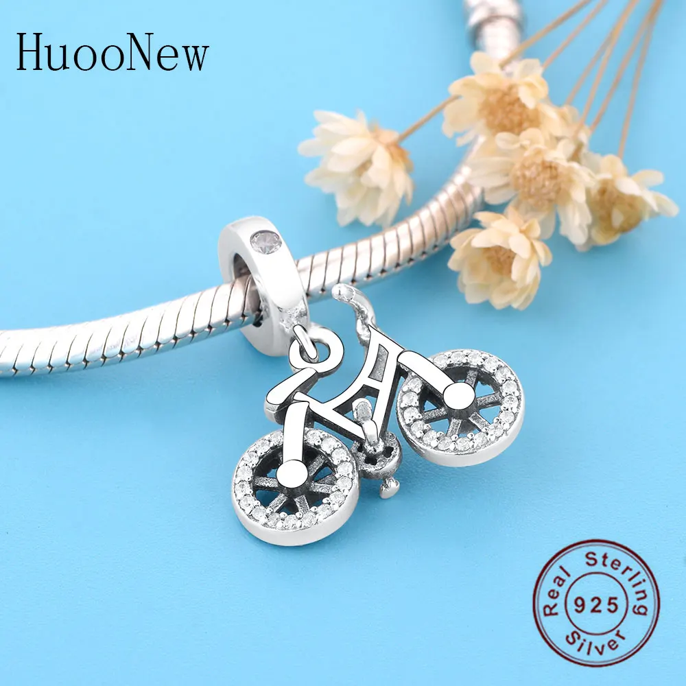 

925 Sterling Silver Clear Cubic Zirconia Bicycle Dangle Charm Fits Original Charms Bracelet Bangle DIY Jewelry Gift 2019
