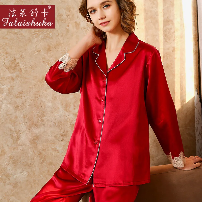 Quality 19 momme 100% natural silk pajamas sets women sleepwear long sleeves wedding Noble genuine silk pyjamas women T8226